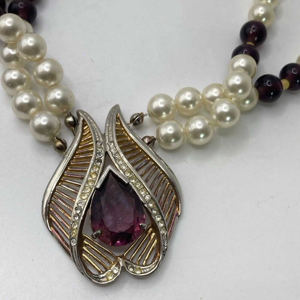 Amethyst color Glass And Faux Pearl Vintage Necklace Estate Find Statement 21”